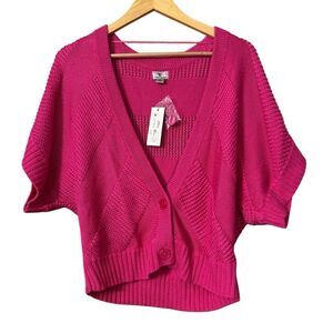Worthington cropped short sleeve cardigan button-front closure vibrant pink dolm